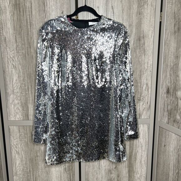 RACIL Silver Sequined Dress Mini Formal Party Cocktail Long Sleeves Size 38 - Picture 1 of 7